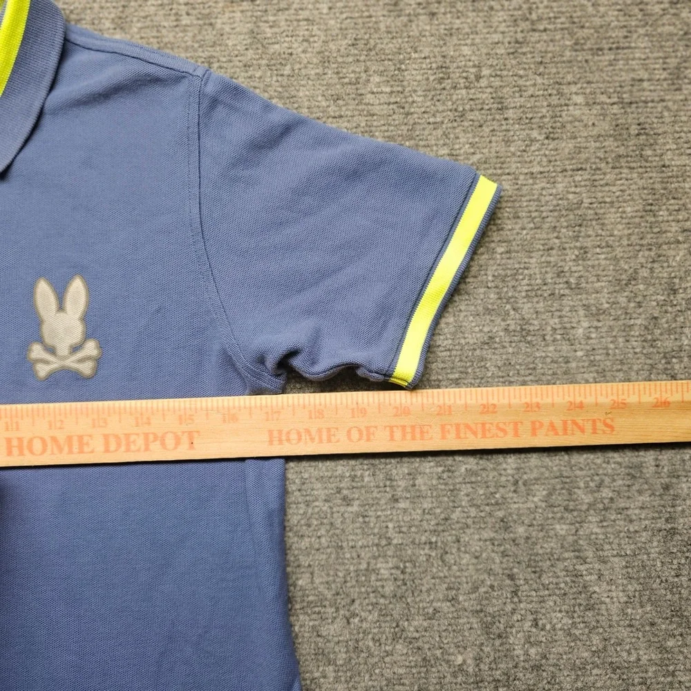 Psycho Bunny Kids Blue Pima Cotton Polo Shirt Neon Yellow Trim Size L 14/16